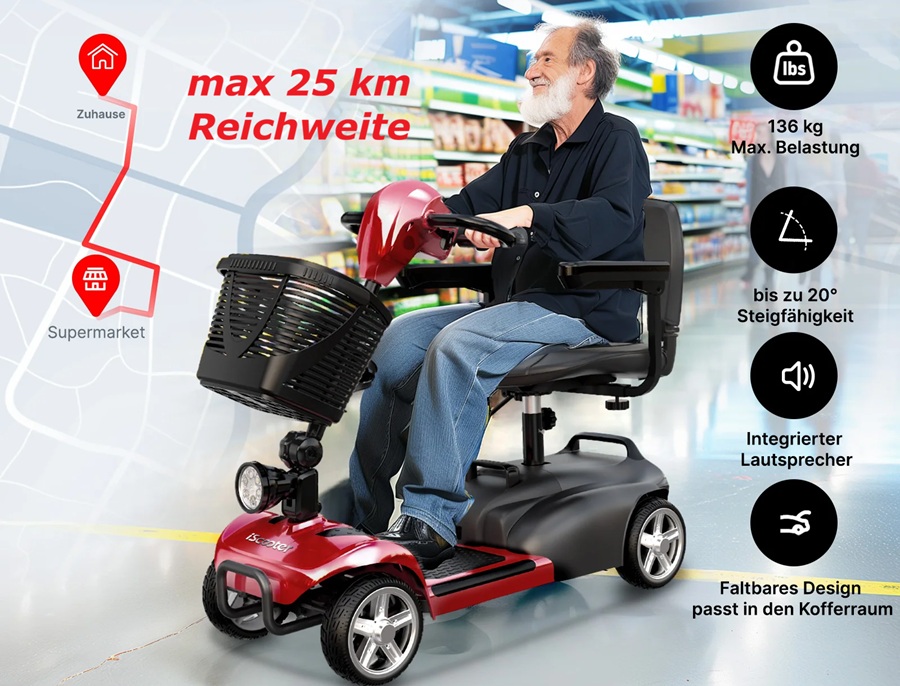Gute Reichweite und Steigfähigkeit beim iScooter X02 Seniorenmobil